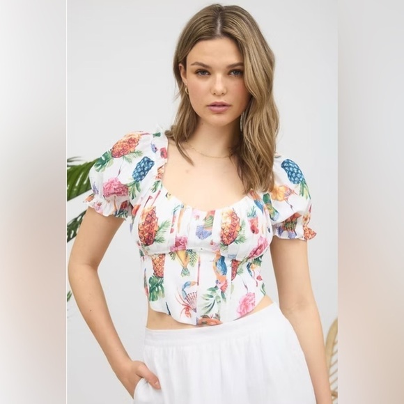 mine Tops - Mine Pina Colada Tropical Top Corset Crop Multicolor Puff Sleeve Size M NWOT